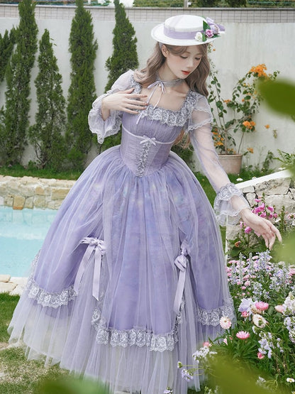 Lily Oil Classic Skirt Painting Print Water Purple Square Sleeves Lolita Long Neckline Dress