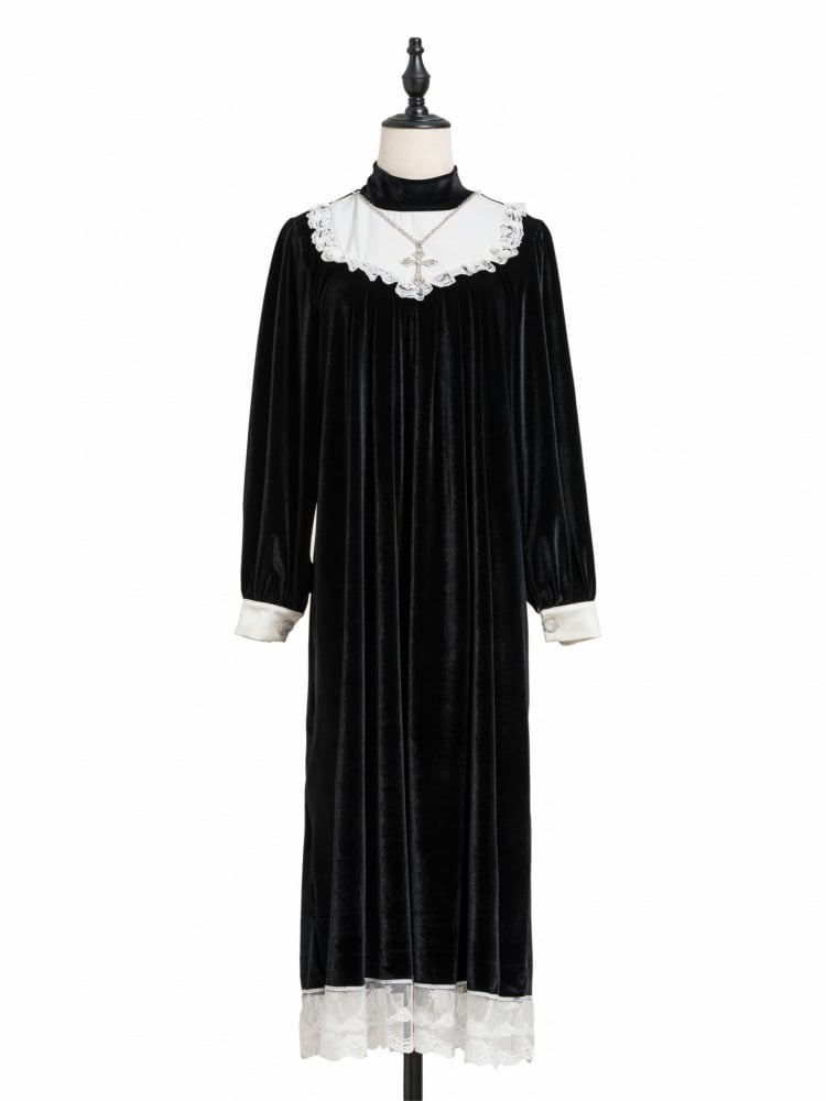 Choir Gothic Stand Collar Velvet Cross Long Sleeves Dress