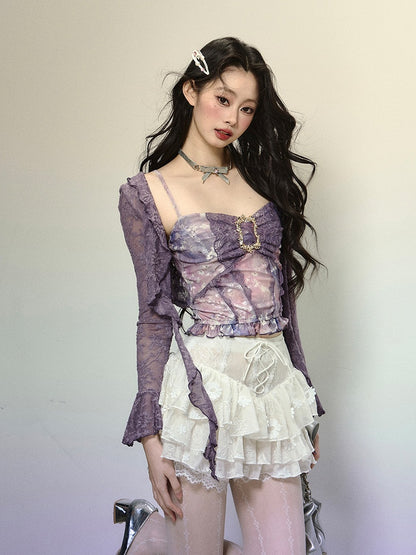 Lavender Semi-Sheer Open Placket Lace Top