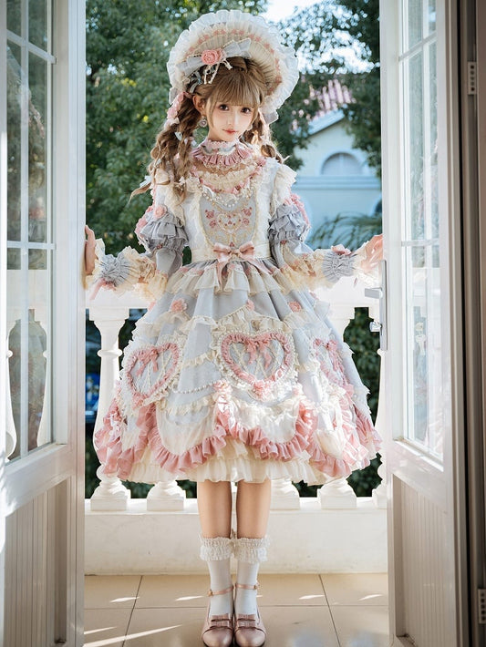 Light Gray Hanayome Rosette Embroidery Floral and Bead Chain Details Lolita OP Full Set