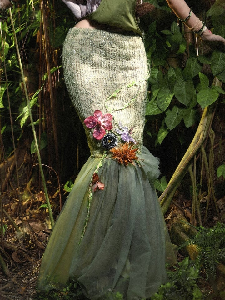 Forest Decorated Skirt Fairy Goth and Hem Tulle Floral Double Layers Green Butterfly Mermaid