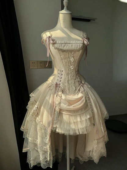 Champagne Lace-up Details Boned Corset Top + High-low Layered Lolita Skirt
