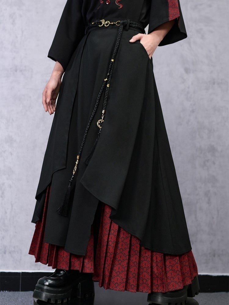 Double-Layer with Thicken/Thin Hem Print Cheongsam Red Pleated Black Snake Skirt Asymmetrical