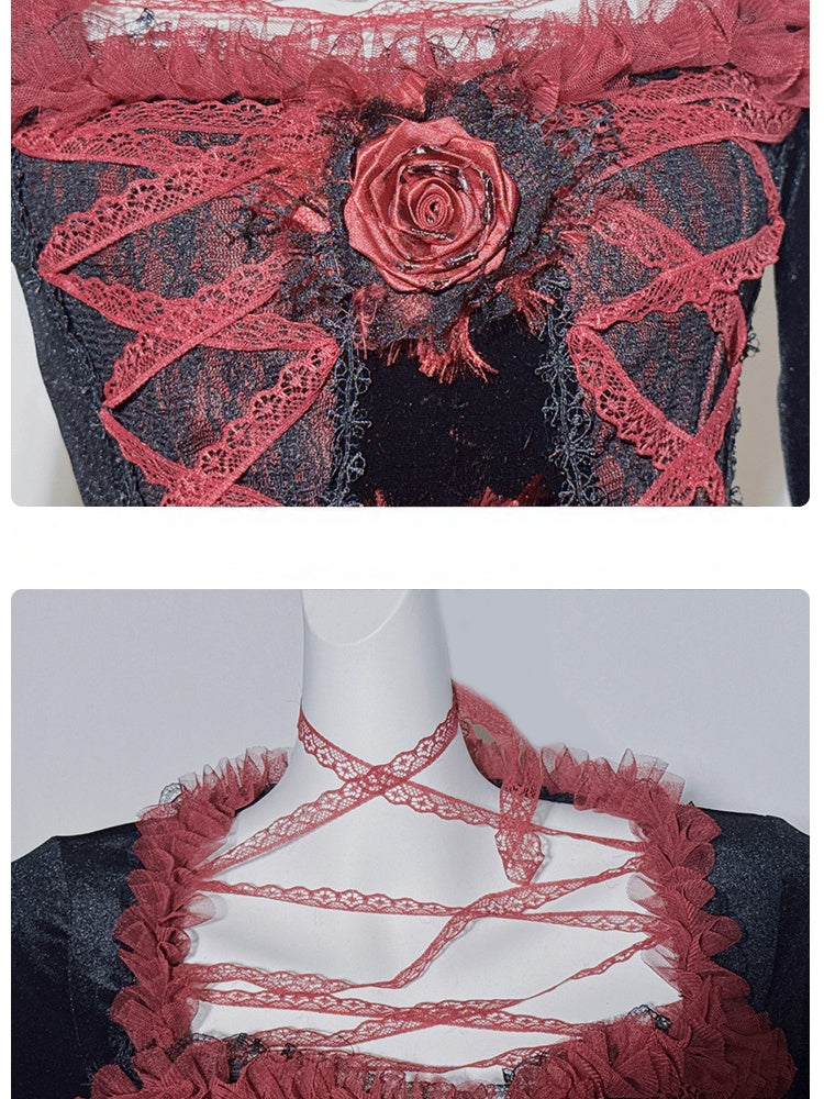 Haut gothique à col carré en dentelle noire et rouge avec rosace