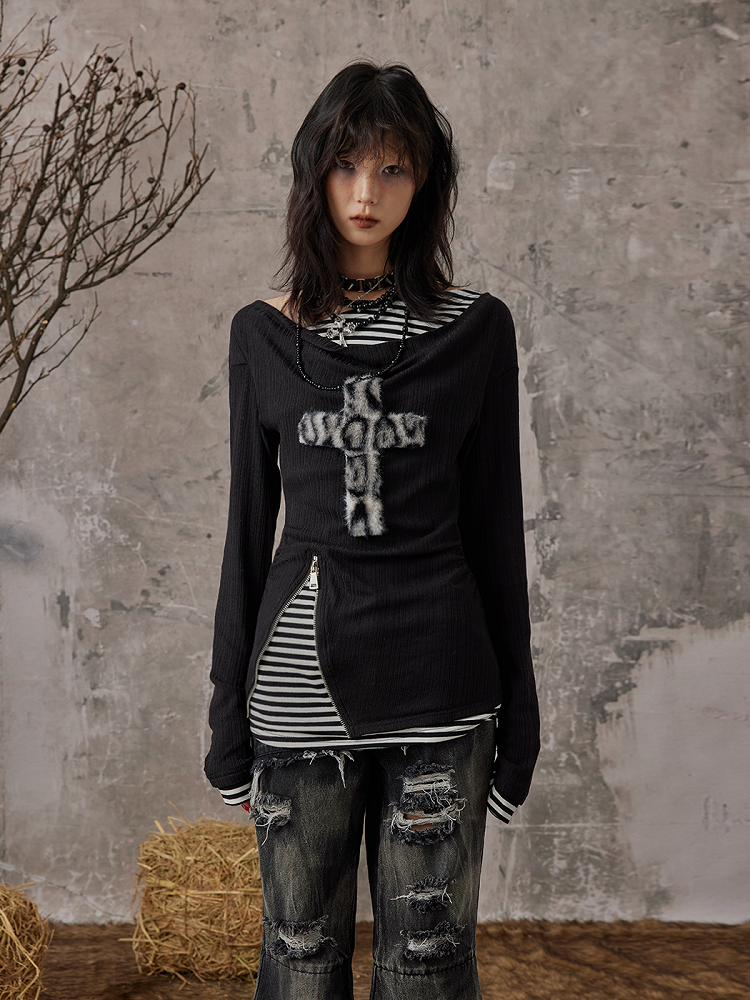 Mit zweiteiligem Strickdetail Leopard Faux Punk Reißverschluss Patch Schwarzes Top Kreuz