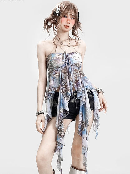 Blue Holiday Ruffle Print Top Tube Accents Design Cascading