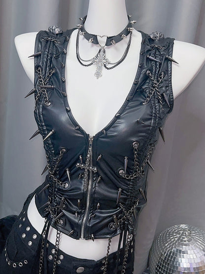 And Black Closure Studs Decorated Zipper Cross Charm Skeleton Y2K