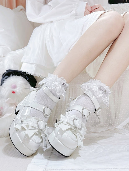 Decorated Platform Lace-up Heels Jirai Heart Polished White Details High Rhinestone Block Kei