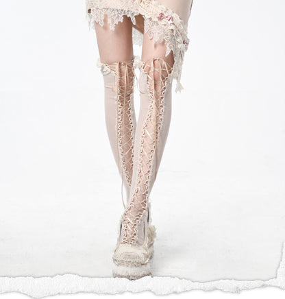 Detail Lace-up Stockings Apricot Overknee