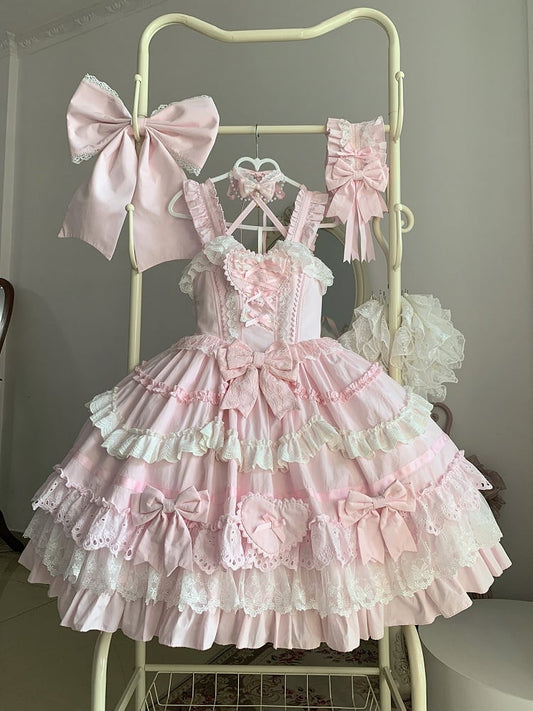 Pink and White Old School Lolita Dress Bows and Heart Shape Decoration Princess Lolita Jumper Skirt