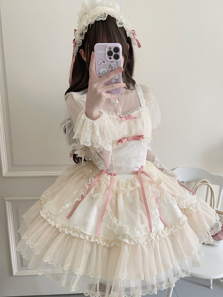 Small Jumper Short Bows Apricot Dress Balletcore Skirt Fabric Lolita