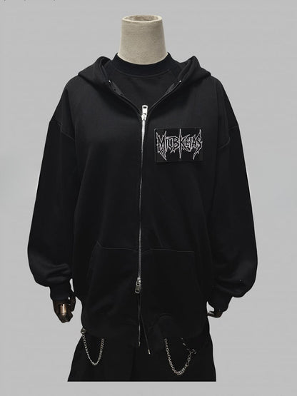 Applique Two-way Placket Zip Letter Black Jacket
