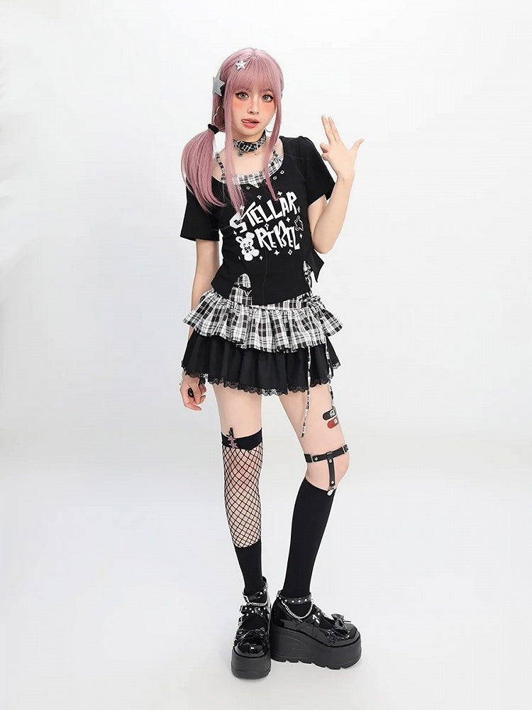 Y2K Black Pink/Black  White Plaid Star with Detail Tiered Skirt Lace-up Buckle