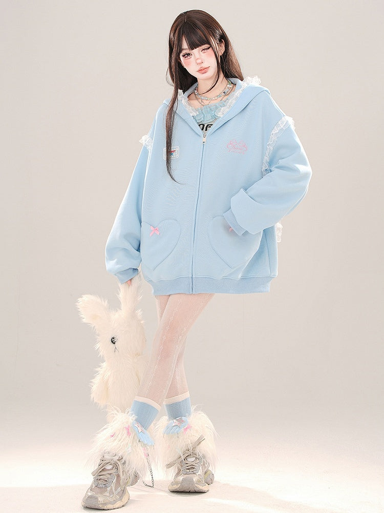 Blue/Apricot Bunny Ears Lace Trim Zip Hoodie