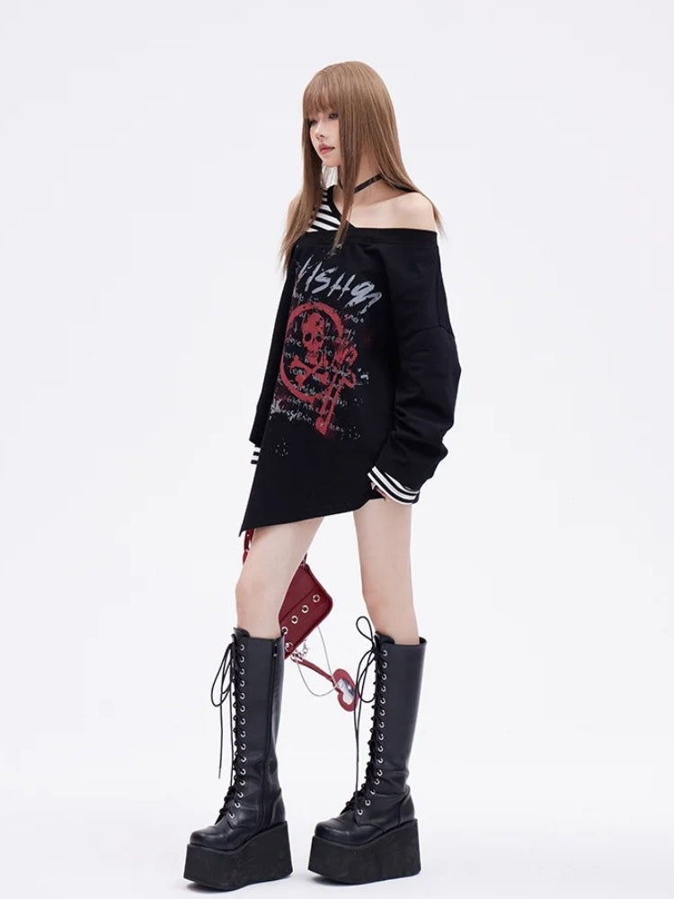 Print Skeleton Punk Top Faux Two-pieces Glamorous Black Asymmetrical Neckline and Hem