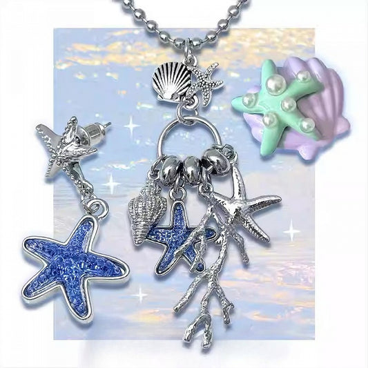 And Starfish Conch Pendant Y2K Necklace Bittersweet Coral Blue