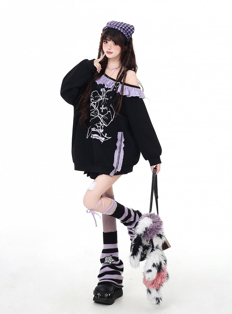 Black Asymmetrical Neckline Ruffled Purple Lace Trim Side Slit Sweatshirt