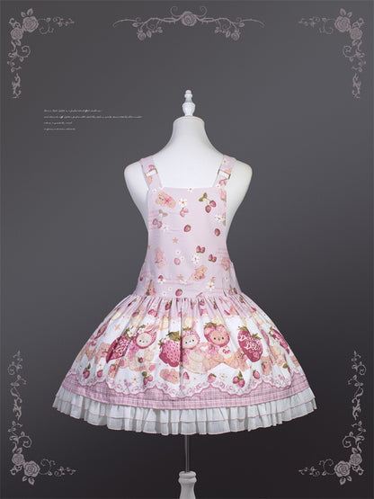 Pink Strawberry Bear Sweet Lolita Dress Cottagecore Country Jumper Skirt