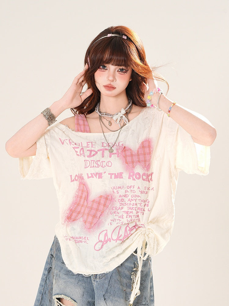 Asymmetrical Neckline Butterfly Appliques Apricot Sweet T-Shirt Distressed Holes
