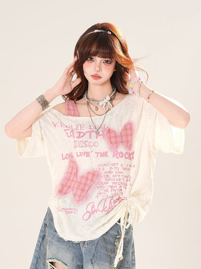 Asymmetrical Neckline Butterfly Appliques Apricot Sweet T-Shirt Distressed Holes