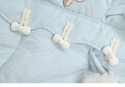 Blue Cute Lamb Applique Bowknot Details Hooded Down Coat Short Version