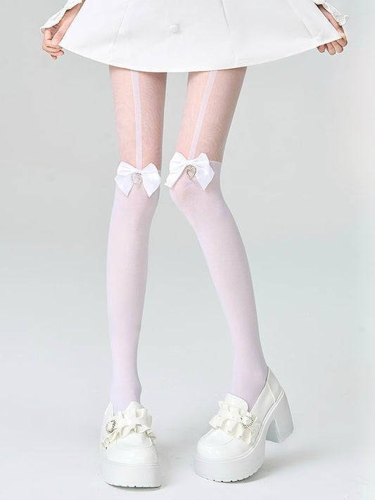 White/Black Jirai Kei Bowknot Suspender Tights With Heart-shaped Rhinestone Charm