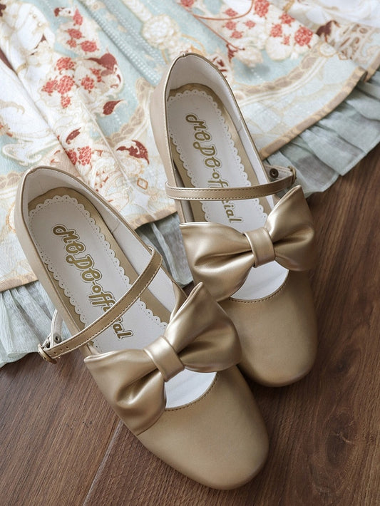 Golden Mid-heel Janes Top Mary at with Buckle - Bow Heart