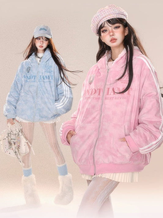 Pink Blue Letter Reversible Thick Hooded Jacket