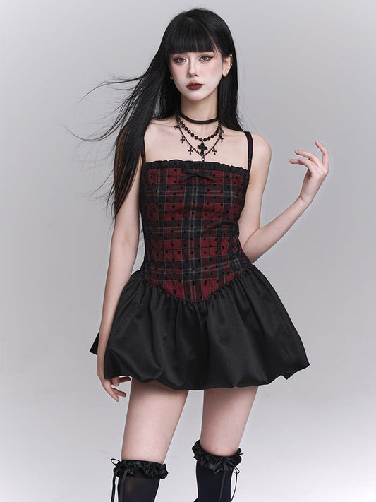 Red Plaid Basque Waist Mini Cami Dress Bubble Skirt