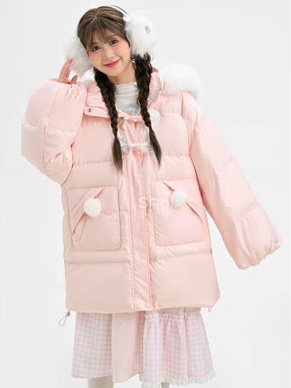Pink Cute Bear and Kitty Plush Trim Hooded Down Coat