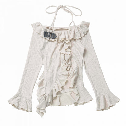 Beige/Dark Gray Halter Neck Bell Sleeves Asymmetrical Ruffled Hem Knitted Top