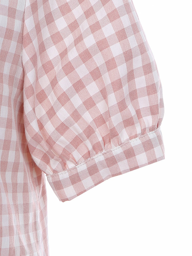 Pink Peter Pan Collar Plaid Short Puff Sleeves Shirt