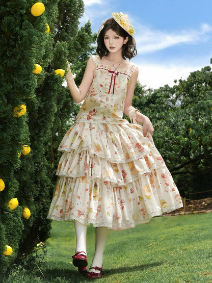 Cream Skirt Print Tiered Lolita Sweet Fruit and Dessert