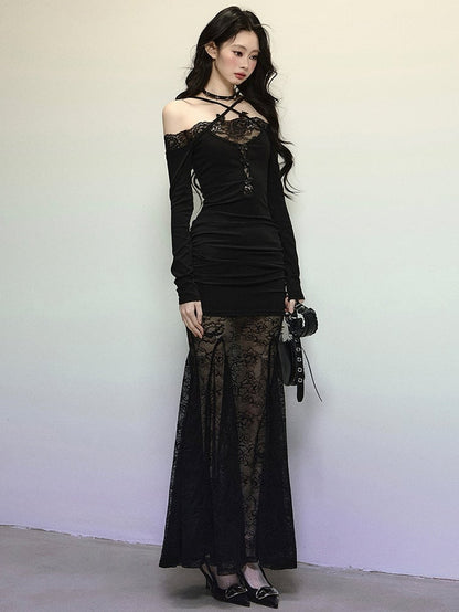 Robe longue sirène en dentelle noire patchwork, bretelles croisées, dos nu, robe de soirée