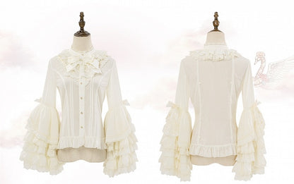 Beige Long Layered Bell Sleeves Chiffon Blouse