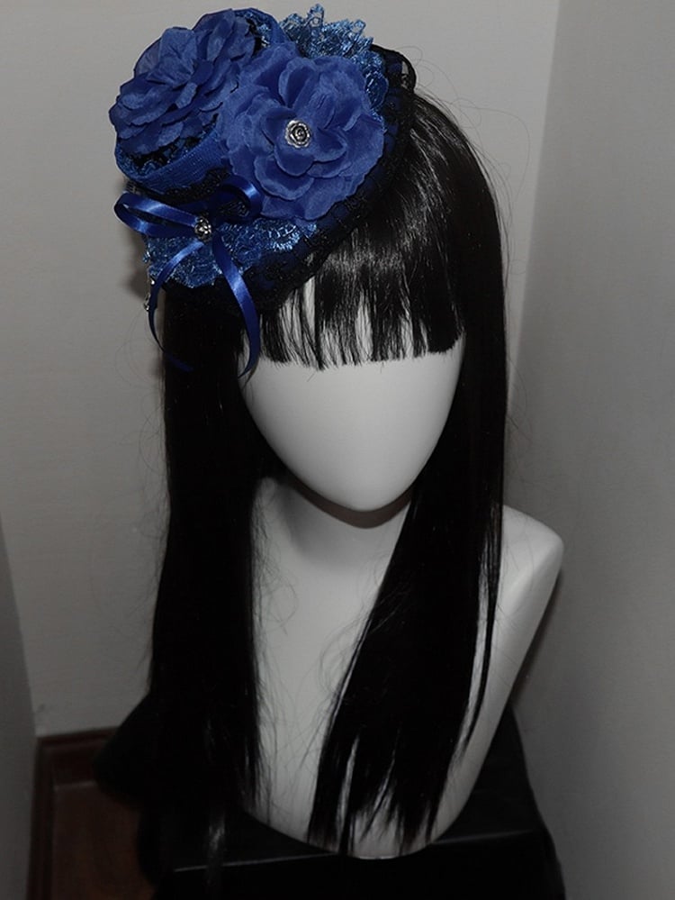 Decorated Trim Design Bowknot Lace Mini Blue Hat Floral