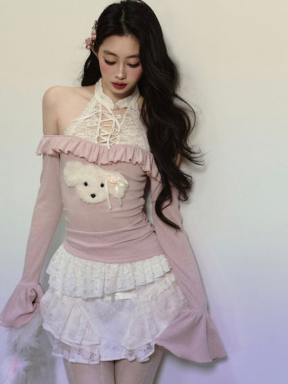 Pink Cute Puppy Adorned Lace Halter Neck Knit Top