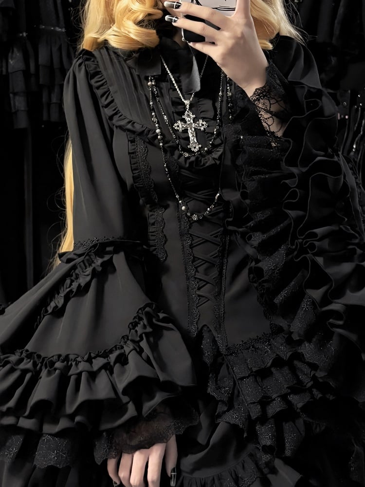 Schwarzes Lolita-Hemd mit Ärmeln, geschichtet, wunderschöne Glocke, ganz lang, Gothic Kuro