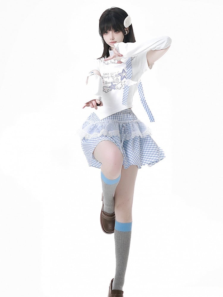Lace Plaid Trim Skirt Pink/Baby Blue