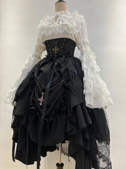 Black Waist Under Drawstring Lolita High Corset / Gothic Boned Skirt