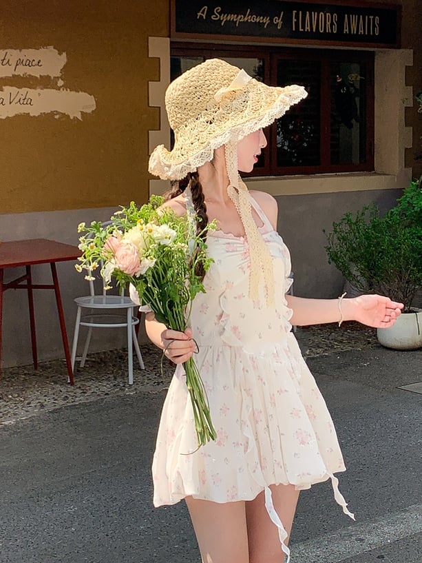 Waist Sweet White Puff Sleeves Basque Halter Neck Floral Dress