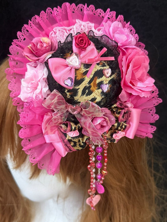Hat Rhinestone Decorated Chain BlackPink Trim Beaded Floral Mini Leopard Pattern Lace Design