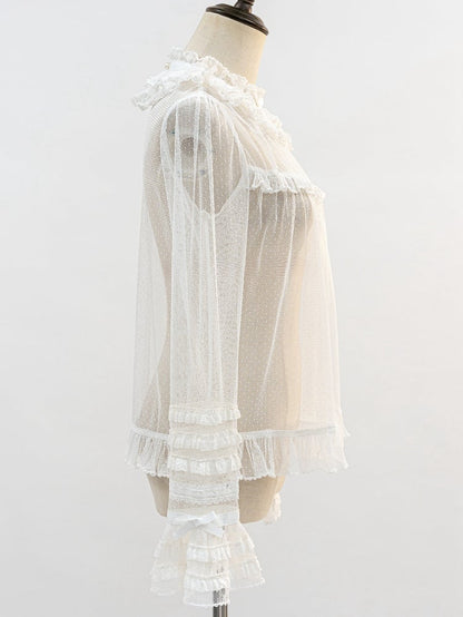 White Ruffle Neckline Sheer Long Sleeves Blouse