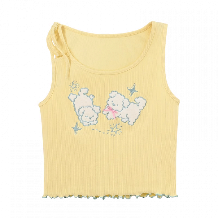 Self-tie Yellow Puppy Embroidery Lettuce Hem Tank Top Strap Shoulder with