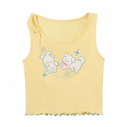 Self-tie Yellow Puppy Embroidery Lettuce Hem Tank Top Strap Shoulder with