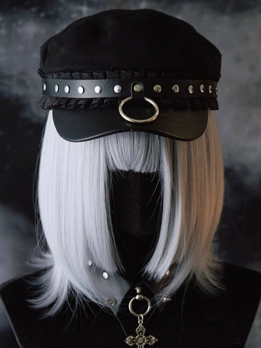 Nieten Schwarz Details Trim Rüschen Hut Baskenmütze Gothic