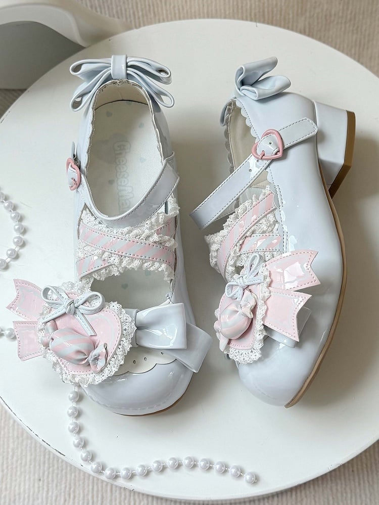 - Low Heels Pink with Clip Style Lolita Sweet A Candy-Decorated Heart Shoe Bow Blue