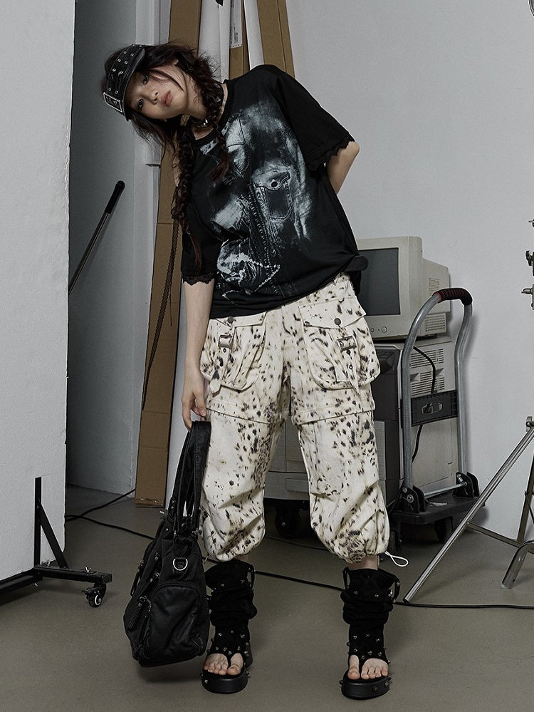 Lace-Trimmed Print White Shoulder Detail Lace-Up with Denim Punk Black T-shirt