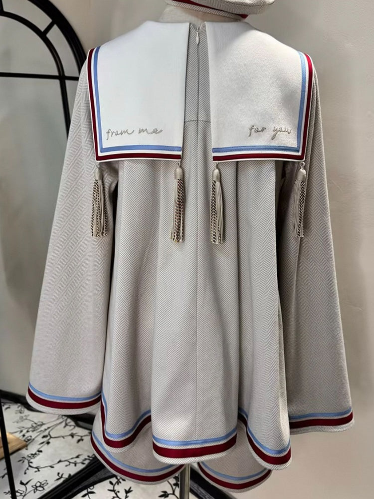 Beige Ouji Sailor Theme Lighthouse Embroidery Sailor Collar Top with Contrast Trim