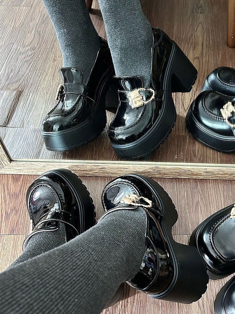 Polished Block Buckles High Bear Platform Slipons Black Heels Hugging Heart